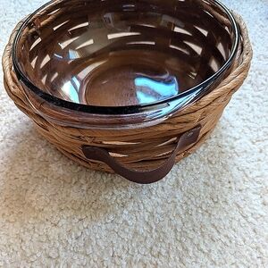 Vintage New Pyrex Glass Bowl- Brown with Woven Wicker Basket And Leather Handles